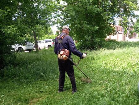 Пять рабочих Департамента городского хозяйства задействованы на окосе травы на придомовых территориях Колычёва